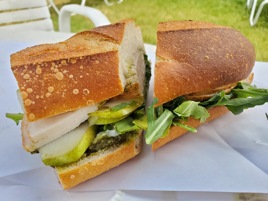 pear and turkey sandwich on a roll