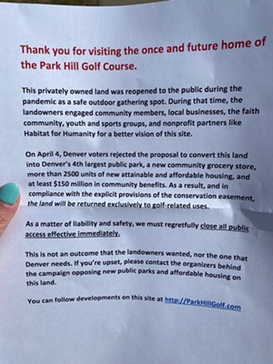 A printed flier security has been handing out to visitors of the Park Hill Golf Course in Denver, Colorado.