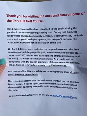A printed flier security has been handing out to visitors of the Park Hill Golf Course in Denver, Colorado.
