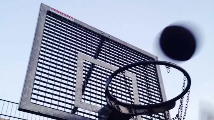 A basketball hoop at a park in Denver, Colorado.