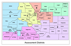 A map of the counties in each of the six regional districts. for Denver, Colorado.