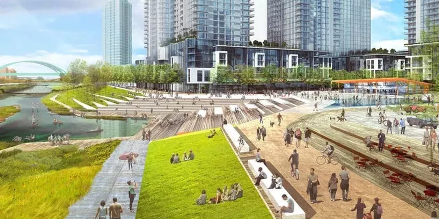 Renderings of people lounging on a grassy riverbed with glass buildings in the background.