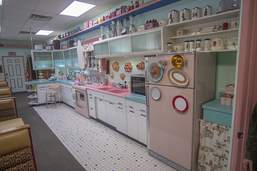 pink kitchen appliances in 60s kitchen
