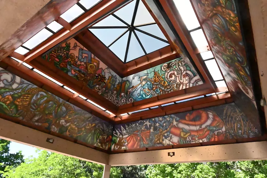 El Viaje, a mural painted in 2016 in the La Raza Kiosko, tells the story of the Mexican people.