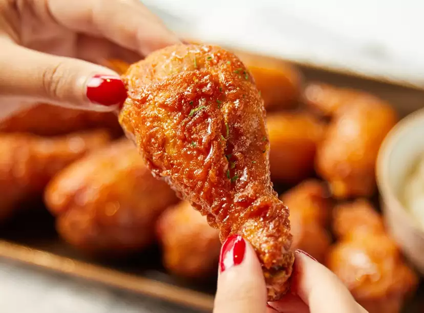 hands holding a fried chicken drumette