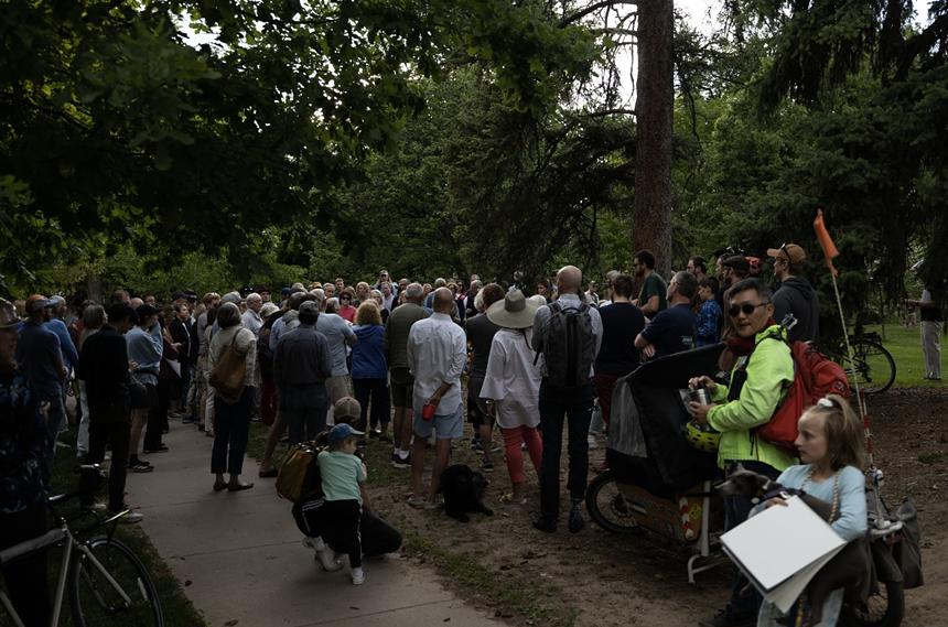 People gathered at the May 31 meeting at Little Cheesman park.