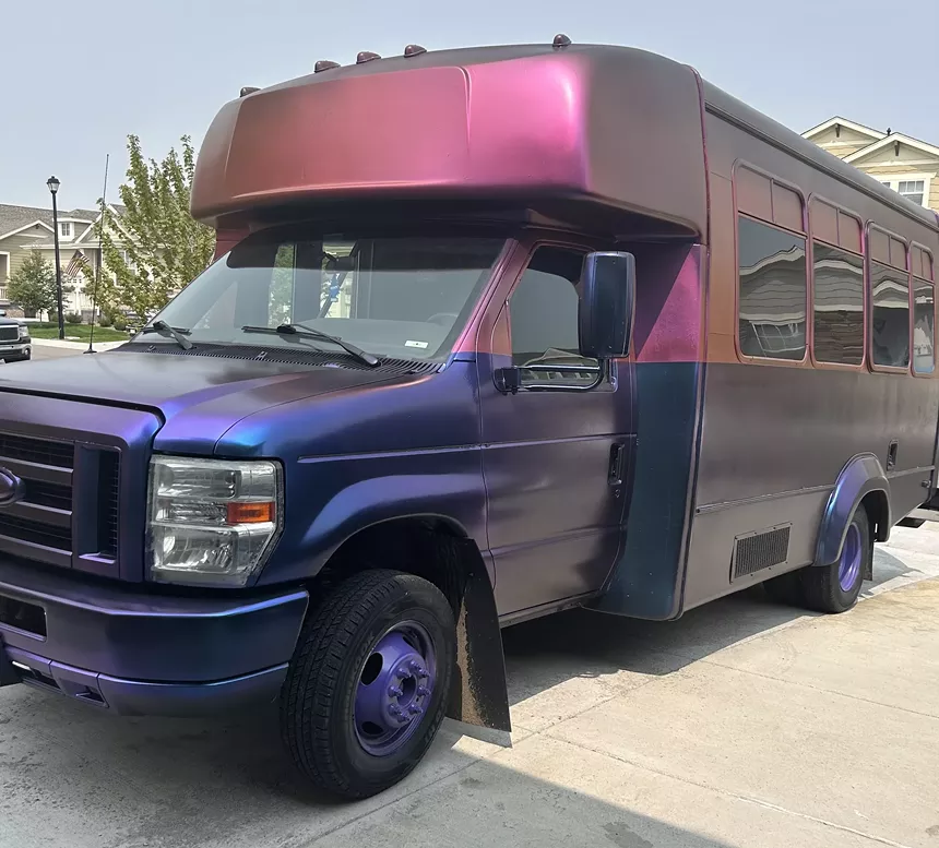 Purple marijuana party bus