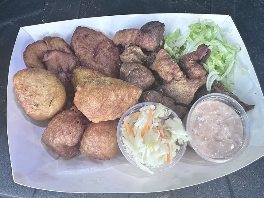 fried pork, herb fritters and fried plantains