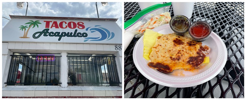 the front of a building and a pupusa on a plate