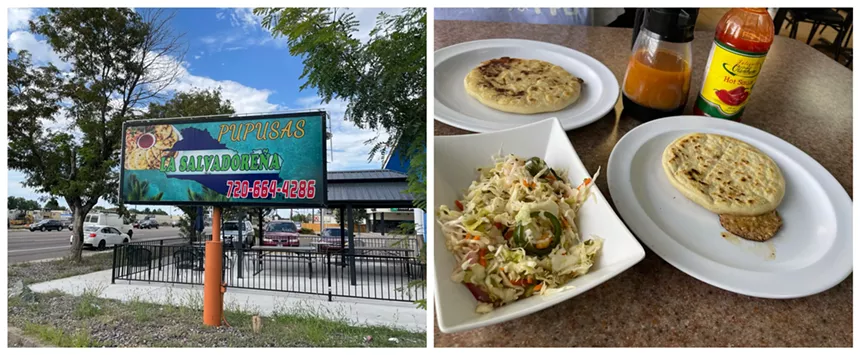 a sign and two plates of pupusas on a table