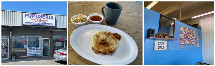 front of a restaurant, a pupusa on a plate and an indoor ordering window