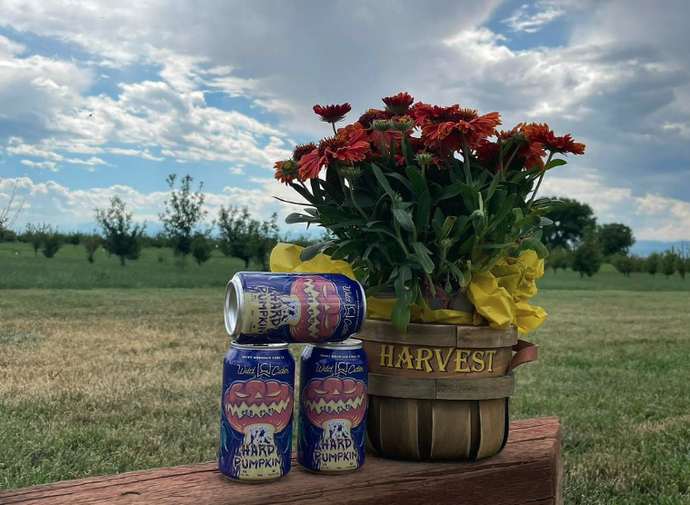 cans of cider next to flowers in a basket