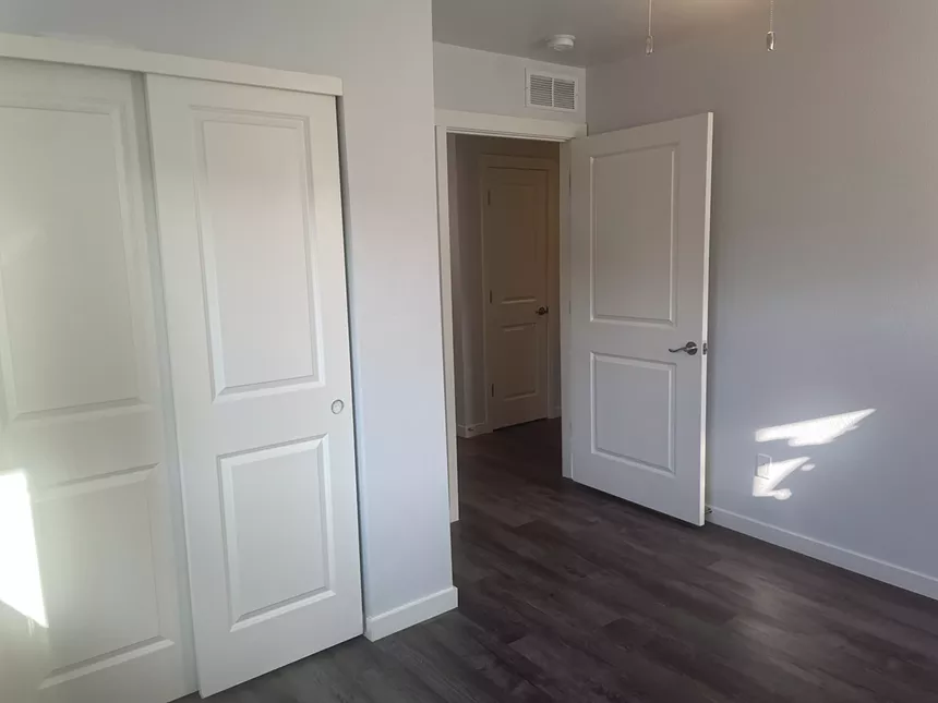 An empty room with gray walls and a closet.