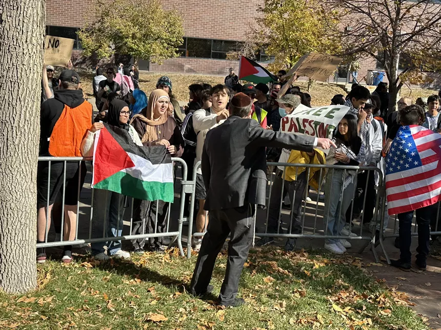 Rabbi Yisreal Ort, co-founder of Chabad of Auraria Campus, speaking to pro-Palestine supporters.