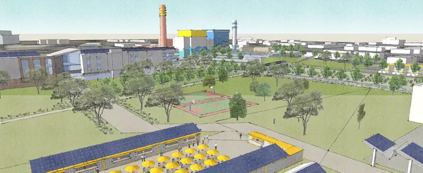 A drawing of an open food hall and park.
