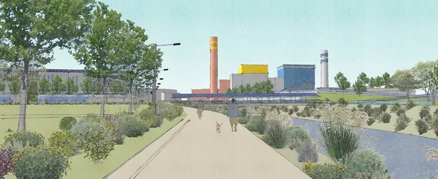 A drawing of a trail leading up to a tall steam plant.