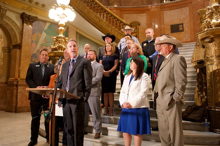 Senate Minority Leader Paul Lundeen at the Colorado Capitol on October 25, 2023 urging Governor Jared Polis to call a special session to address rising property taxes during a press conference with Republican legislators.