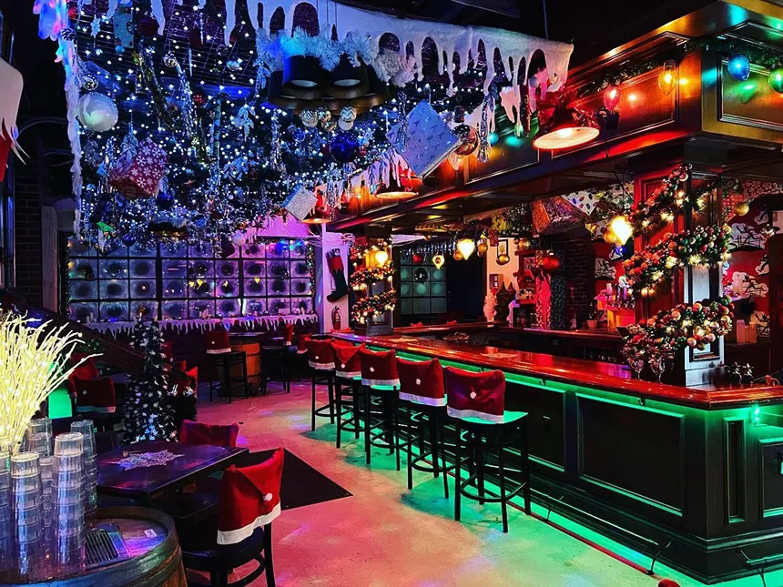 bar decorated for christmas
