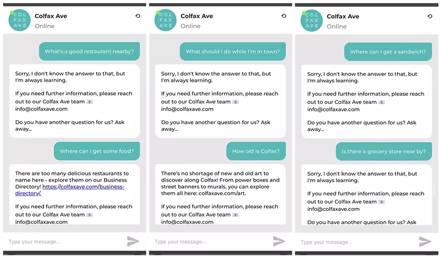 Three screenshots of a conversation with an automatic text service on Colfax Avenue.