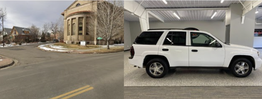 An intersection on one side and a white Chevy Trailblazer on the other.