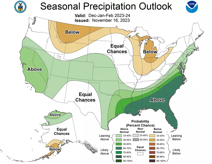 A map of the United States with green bands showing precipitation likelihood.
