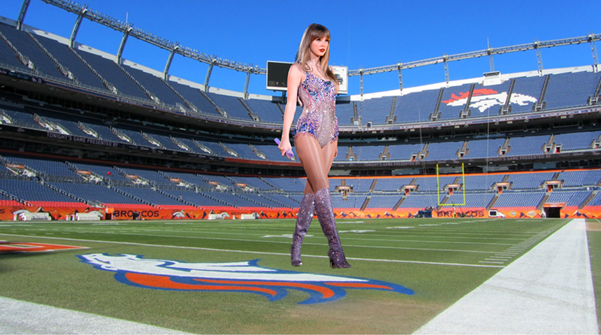 giant taylor swift on Broncos field