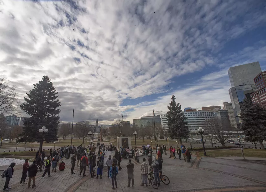 protesters in front of Colorado Capitol.