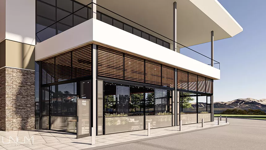 Exterior restaurant and bar rendering.
