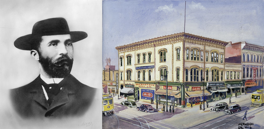 A portrait of Soapy Smith and a painting of his Denver office at the corner of Larimer and 17th Streets.