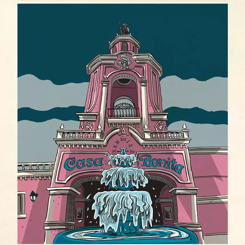 cartoon of casa bonita, with fountaion