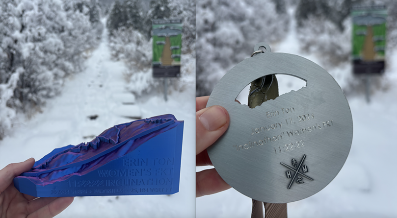 A medal and a 3D-printed trophy of the Incline, both inscribed with Erin Ton's name and time record.