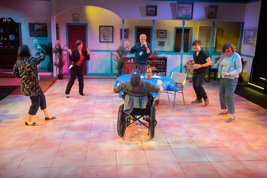 actors on stage portray a senior care center