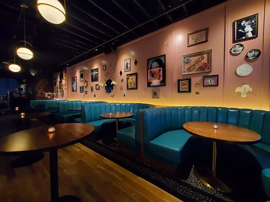 blue booths inside a restaurant