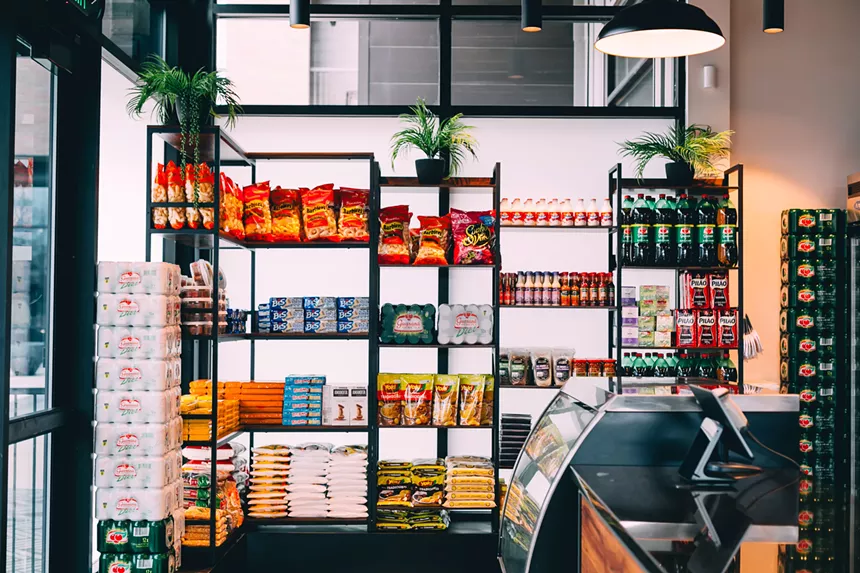 various products stacked on shelves