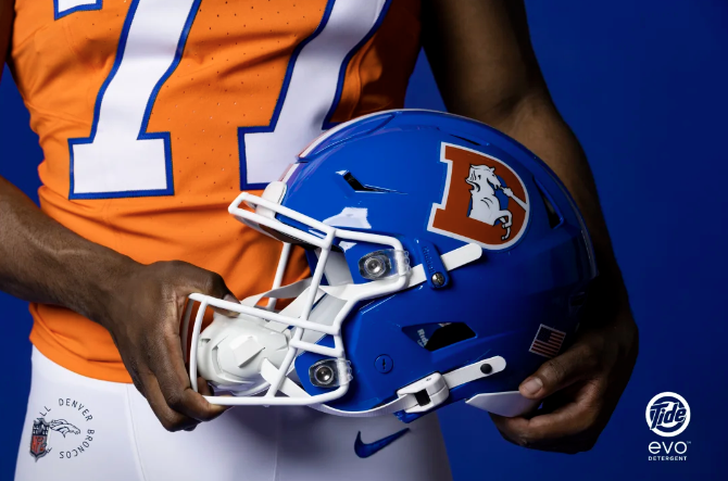 Throwback Denver Broncos jersey and helmet from 1977 NFL season