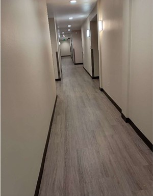 An apartment hallway with vinyl flooring.