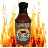 barbecue sauce bottle with flames
