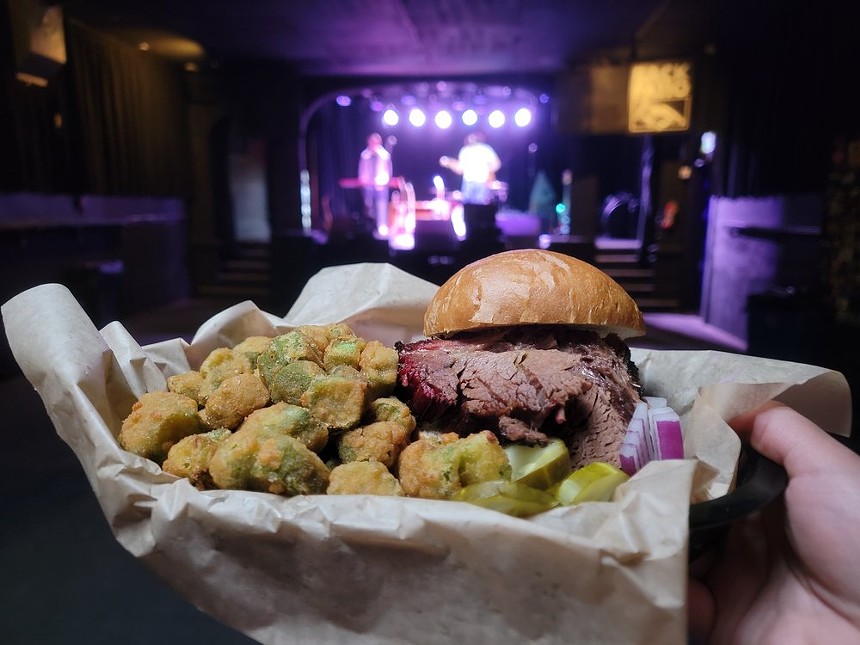 a brisket sandwich and fried okra