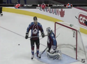 Colorado Avalanche players positioned in front of a goal.