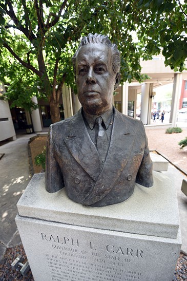 Colorado Governor Ralph Carr statue in Denver's  Sakura Square.