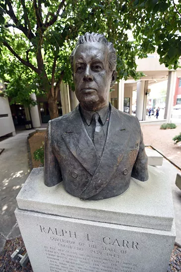Colorado Governor Ralph Carr statue in Denver's Sakura Square.