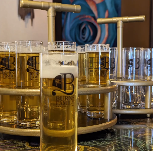 Stange glasses in a kranze tray at a brewery.