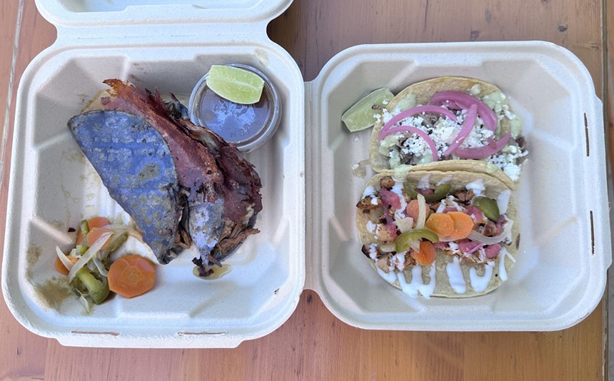 Jalisco taco, lamb birria served with lamb consommé; Michoacán taco, pork carnitas with guacachile salsa; and Yucatan taco, mayan chicken with escabeche and lime mayonesa