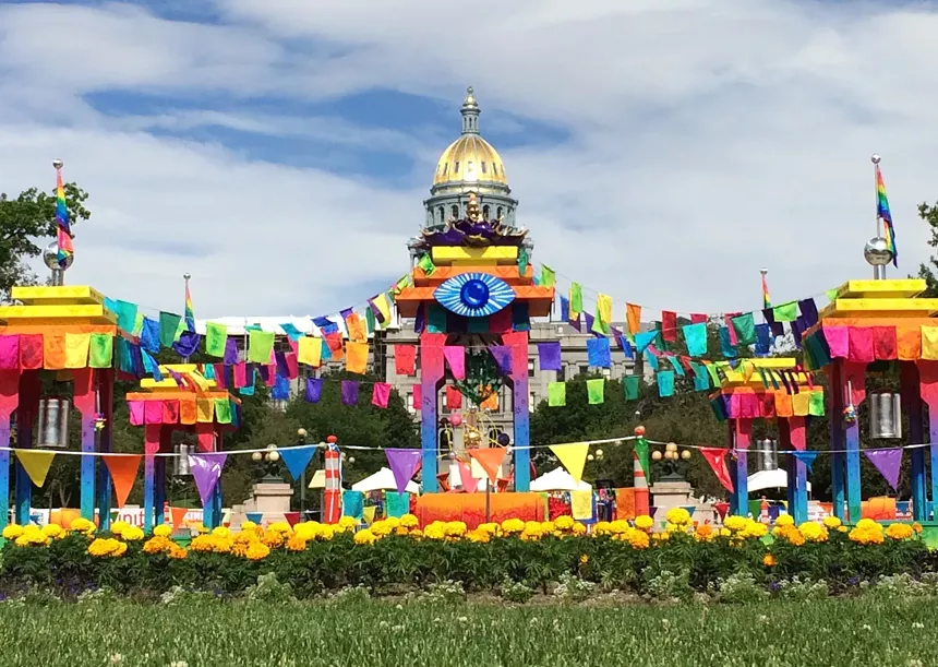 a rainbow art installation outside the Denver capitol building