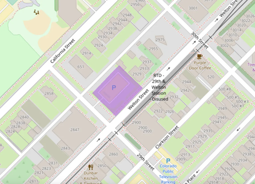 Graphic showing a parking lot at 29th and Welton streets in Denver.
