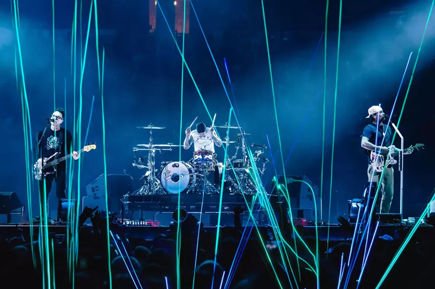 Mark Hoppus (left), Travis Barker (center), and Tom DeLonge (right) perform for a packed house on June 28, 2024. Photography By: Jason Myers (@memorandum_media)