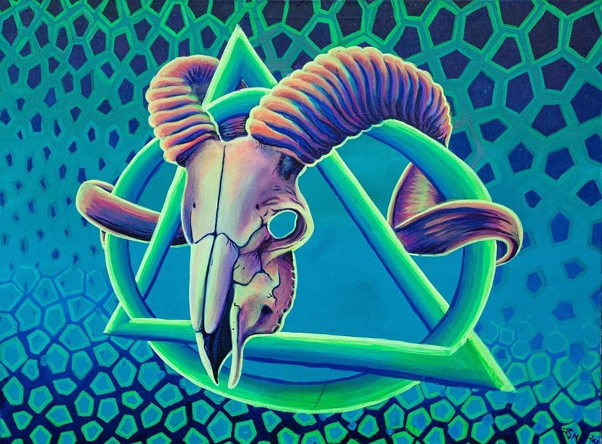 painting of a ram skull around geometric shapes