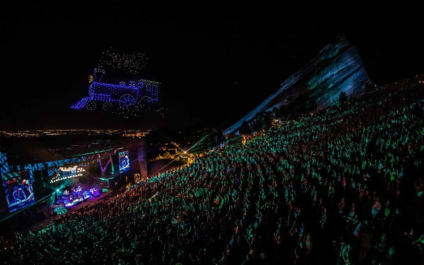 String Cheese Incident performing at Red Rocks with a drone show