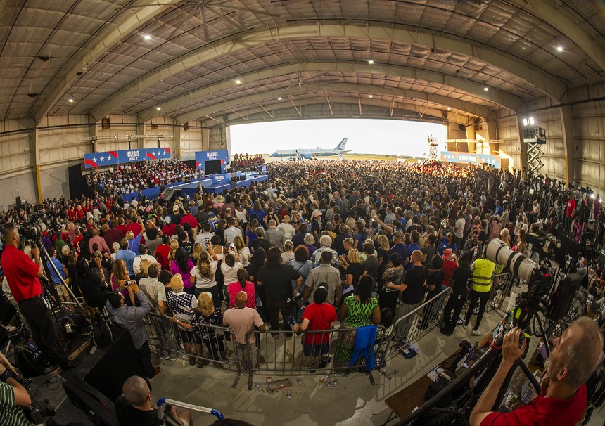 crowd in airport hangar