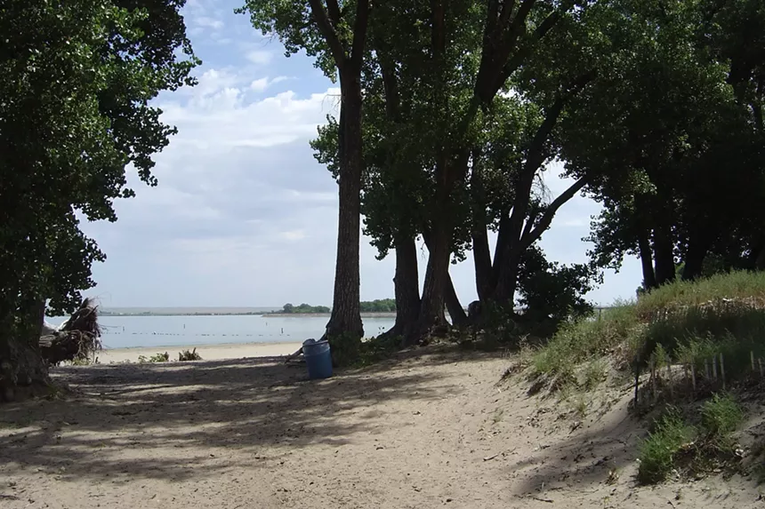 A sandy path shaded by large trees leading to the Jackson Lake State Park swim beach